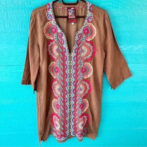 JOHNNY WAS EMBROIDERED V-NECK TUNIC STYLE MIDI DRESS SIZE SMALL OVERSIZED - Picture 1 of 5